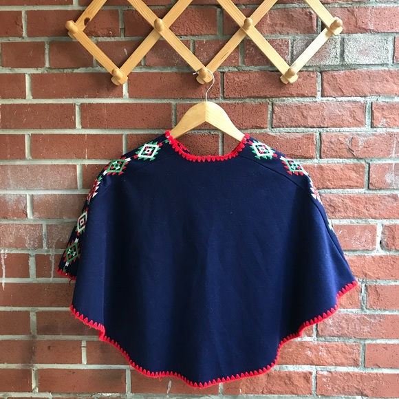 Kids' Poncho Embroidered Print Hand Stitched Hem Navy Blue Fall Sweater - Picture 9 of 9
